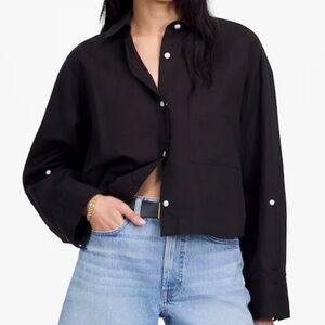Madewell Black Linen Cotton Straight Hem Button Down Shirt Boxy Cropped M